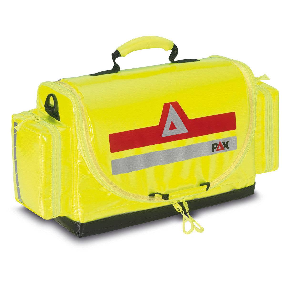 Kindernotfall Tasche PAX in Tagesleuchtgelb mit reflektierenden Elementen, auffälliges Design für hohe Sichtbarkeit im Einsatz.