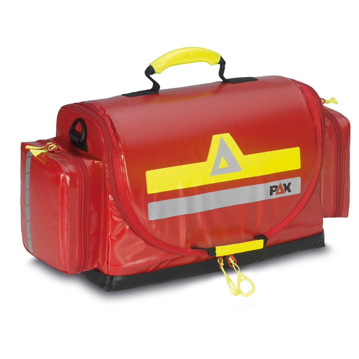 Kindernotfall Tasche PAX in Rot mit gelben Akzenten, robustes Design für medizinische Notfälle im professionellen Einsatz.