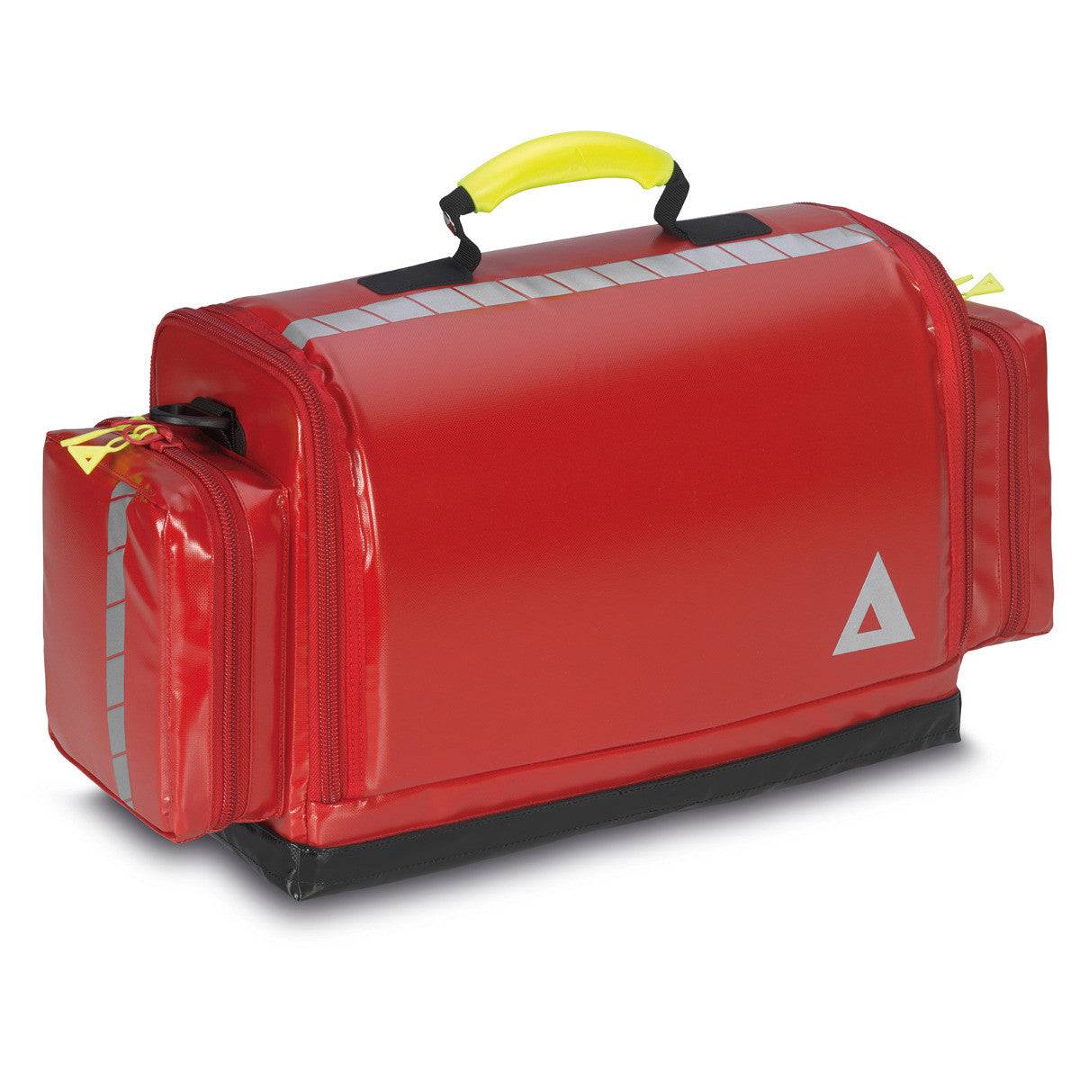 Rückansicht der Kindernotfall Tasche PAX in Rot mit reflektierenden Streifen, ideal für den Einsatz im Rettungsdienst.