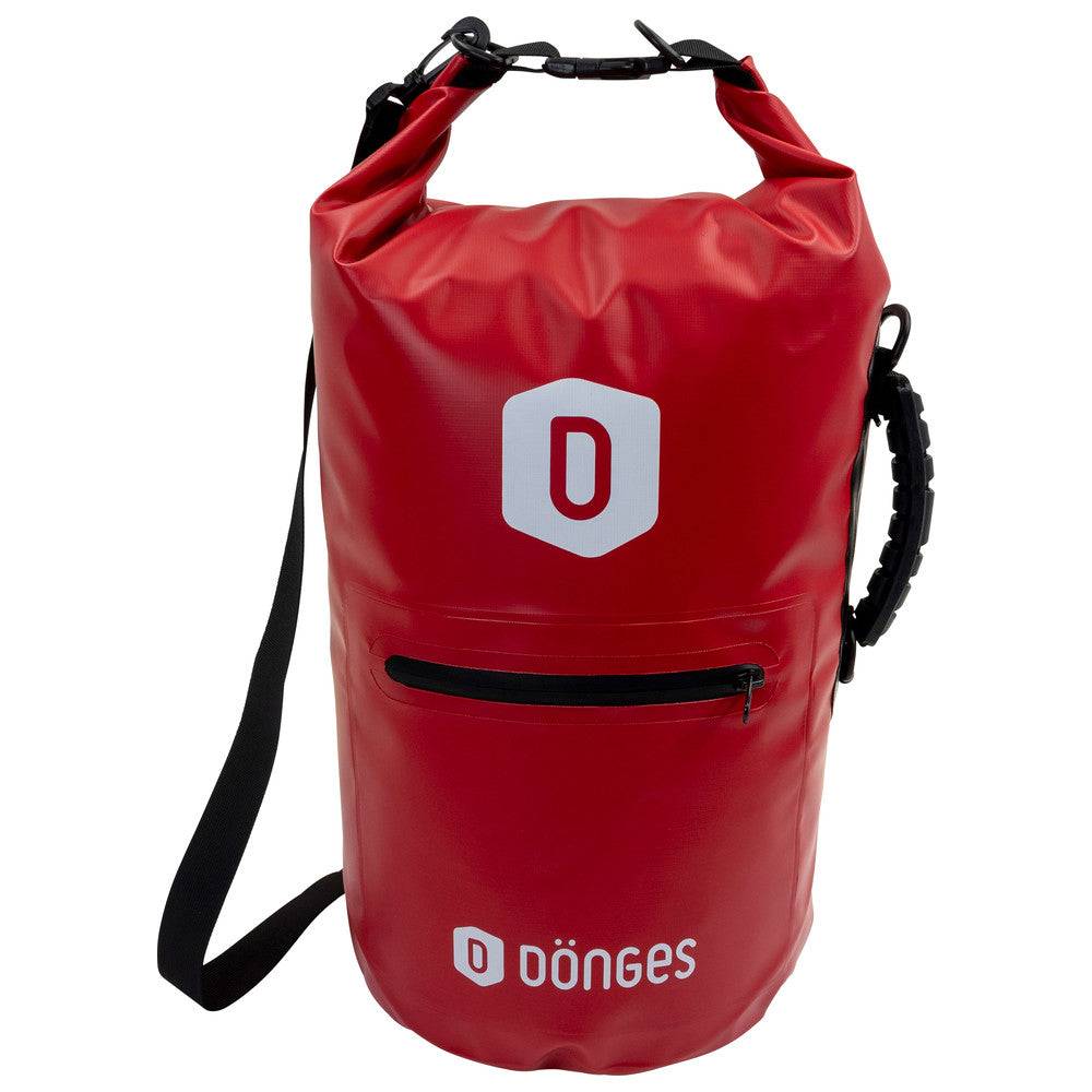 Roter Packsack Seal-D von Dönges, 15 l, wasserdicht mit Fronttasche und Schultergurt, ideal für Notfallausrüstung und Outdoor-Aktivitäten.