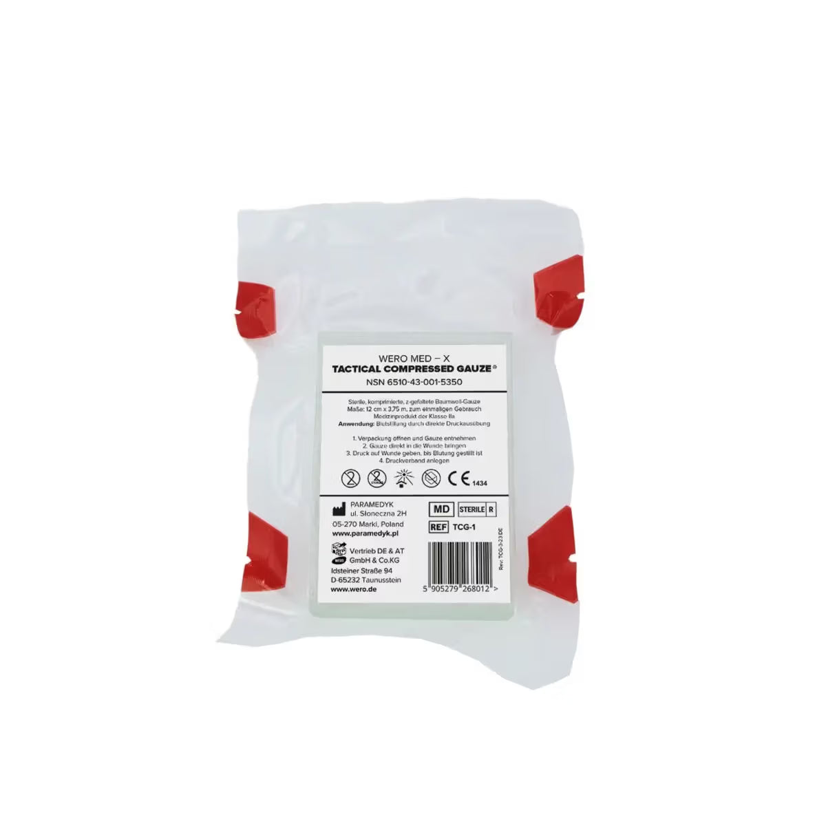 WERO MED-X Tactical Compressed Gauze – Kompakte Notfall-Gaze steril vakuumverpackt für Woundpacking bei starken Blutungen im Erste-Hilfe-Bereich.