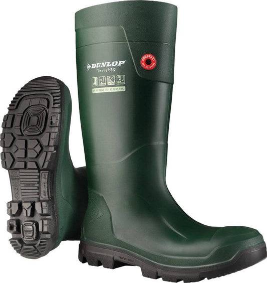 Sicherheitsstiefel Dunlop® Purofort® TerraPRO S5 in Grün mit robuster Sohle, ideal für Arbeiten bis -20 °C. Gummistiefel S5 für Industrie & Landwirtschaft.