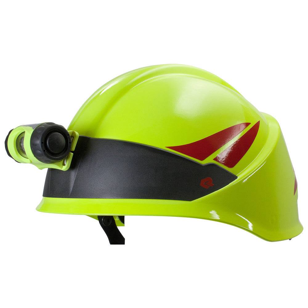 Helm mit montierter Helmhalterung UK für UK Vizion aus Edelstahl, ideal für sichere Befestigung von Stirnlampen im Feuerwehreinsatz.