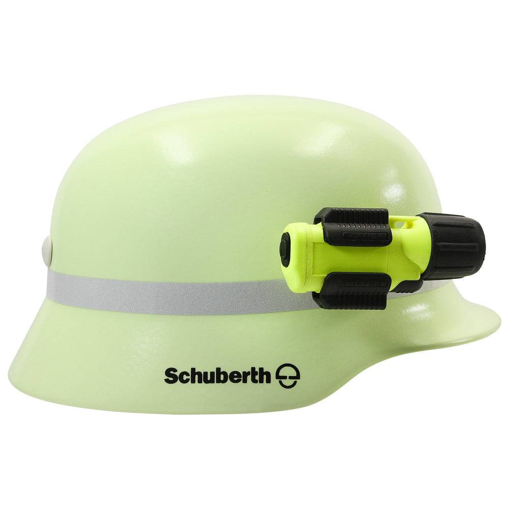 Helmhalterung Dönges für Schuberth F100/F110/F200/F210 montiert an Feuerwehrhelm mit reflektierendem Streifen, ideal für Arbeitssicherheit.