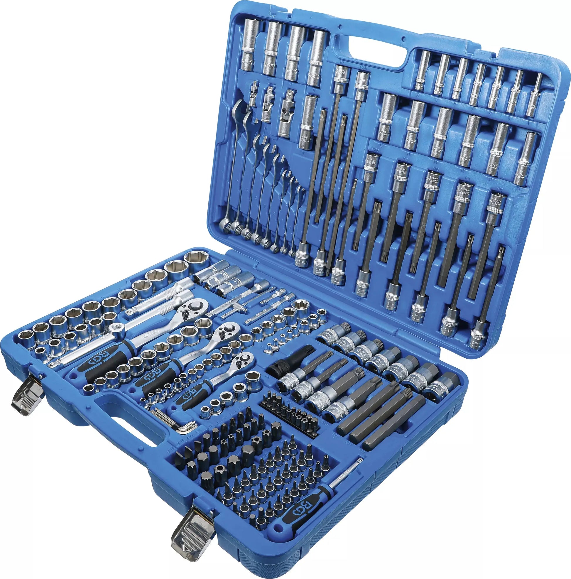 214-tlg. Steckschlüssel-Satz mit Sechskant Antrieb 6,3 mm, 10 mm, 12,5 mm, sortiert in robustem Werkzeugkoffer für präzise Reparaturarbeiten.