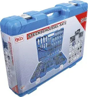 Verpackter Steckschlüssel-Satz 214-tlg. mit Sechskant Antrieb 6,3 mm, 10 mm, 12,5 mm, ideal für den Einsatz im Kfz-Bereich und Heimwerkerbedarf.