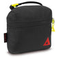 Kompakter PAX exPAXable Daypack in schwarzer Farbe, zusammengefaltet in eine kleine Tragetasche mit Reißverschluss und rotem Logo.