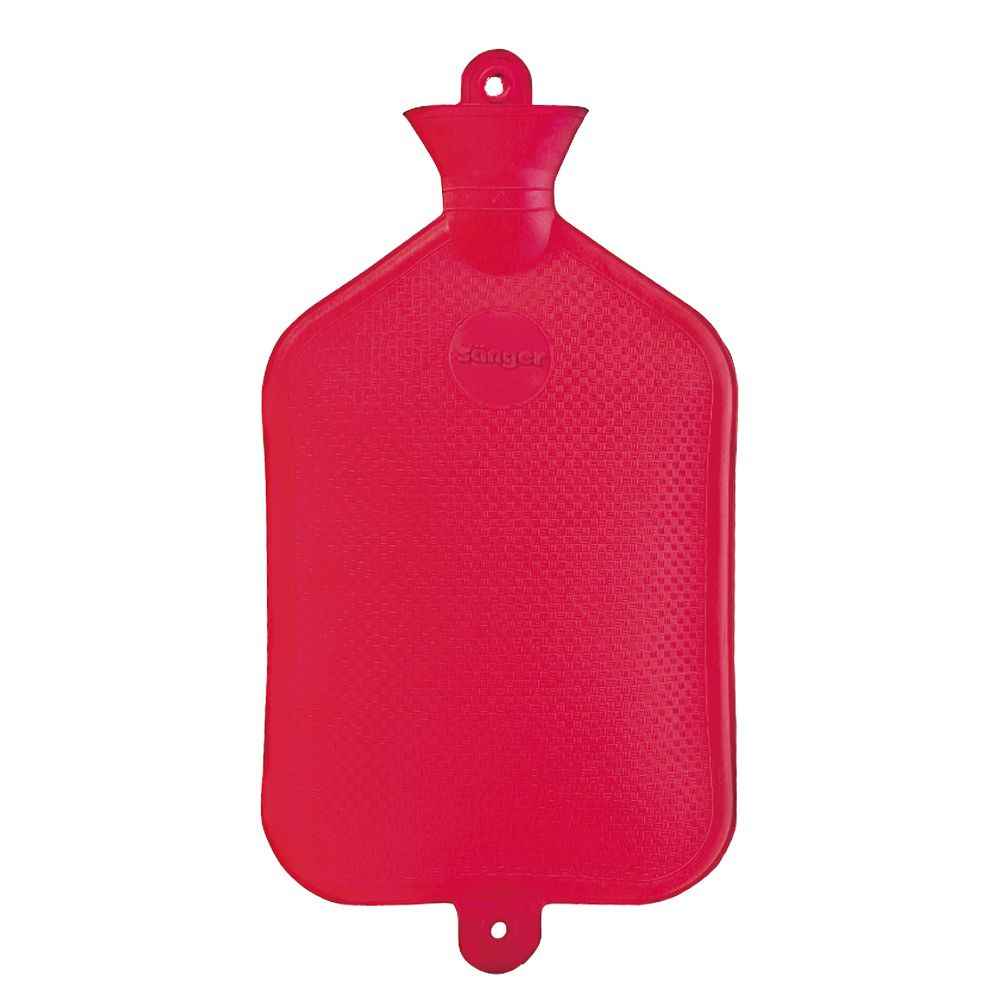 Rote Naturgummi Wärmflasche 2 L mit strukturierter Oberfläche, auslaufsicher und ISO-zertifiziert für energiesparende Wärmebehandlung.