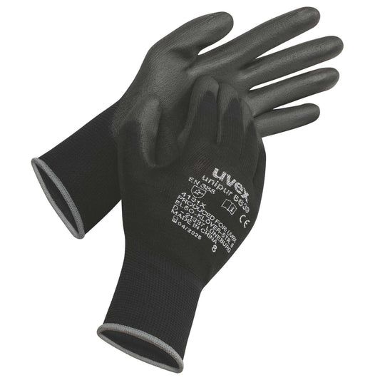 uvex unipur 6639 Handschuhe für Präzisionsarbeiten mit schwarzer PU-Beschichtung und nahtlosem Träger für optimalen Griff und Tragekomfort.