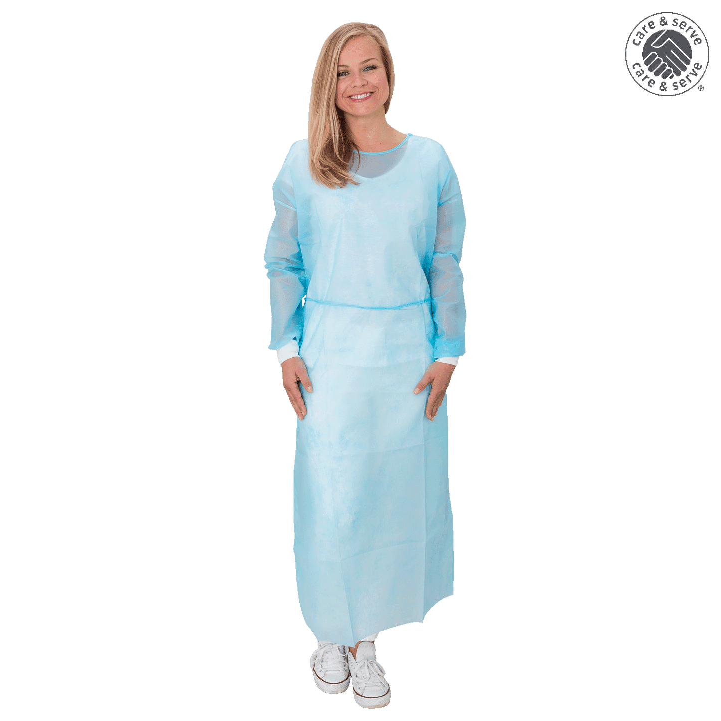 Vlies-Kittel premium plus care & serve® EN 14126 in Hellblau, langärmelig mit elastischen Bündchen, ideal für medizinische Einweg-Bekleidung.