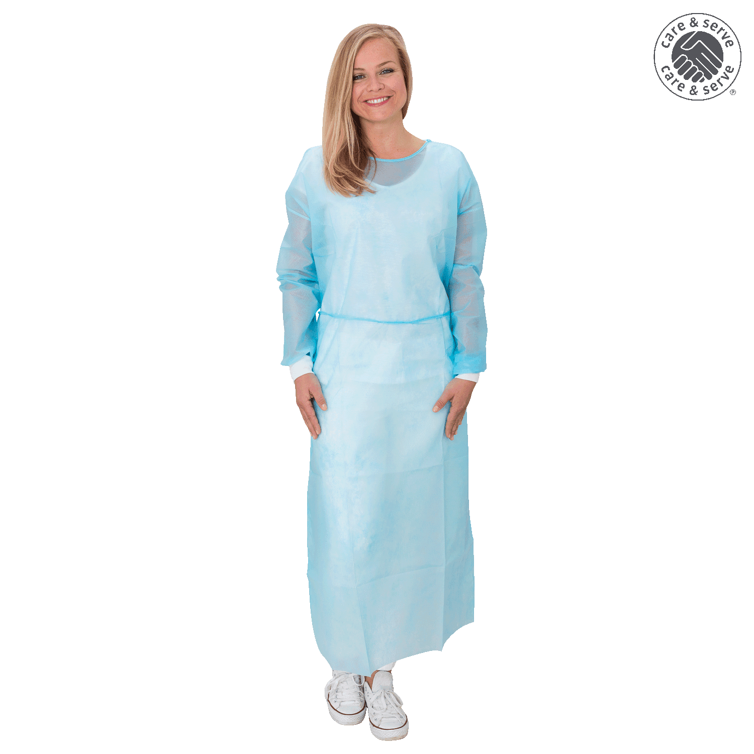 Vlies-Kittel premium plus care & serve® EN 14126 in Hellblau, langärmelig mit elastischen Bündchen, ideal für medizinische Einweg-Bekleidung.