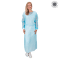 Vlies-Kittel premium plus care & serve® EN 14126 in Hellblau, langärmelig mit elastischen Bündchen, ideal für medizinische Einweg-Bekleidung.