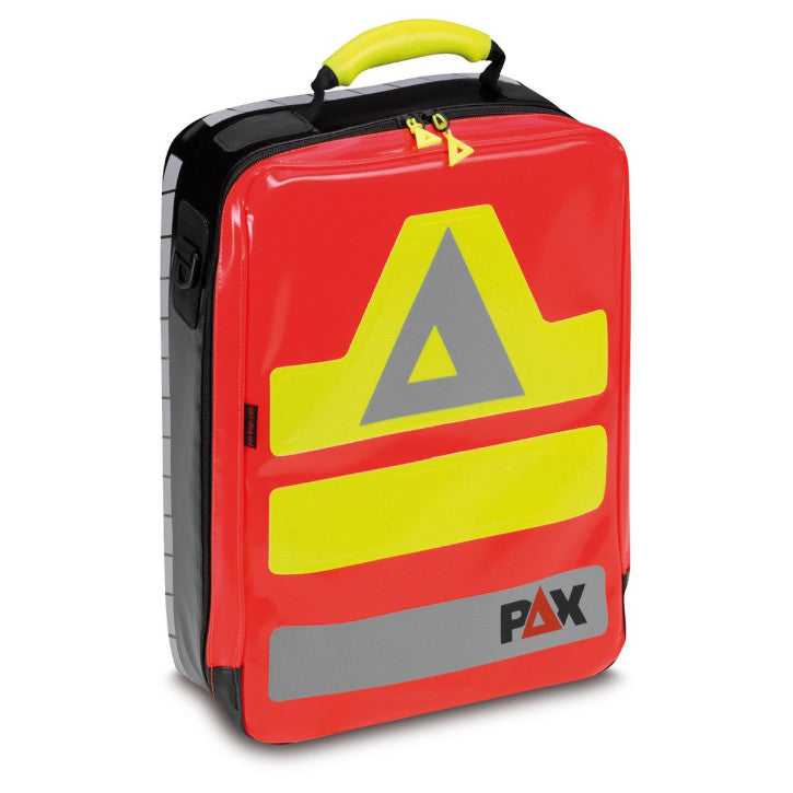 Robuste AED-Tragetasche PAX in leuchtendem Rot mit reflektierenden Elementen, ideal für den Erste-Hilfe-Einsatz im Notfallbereich.