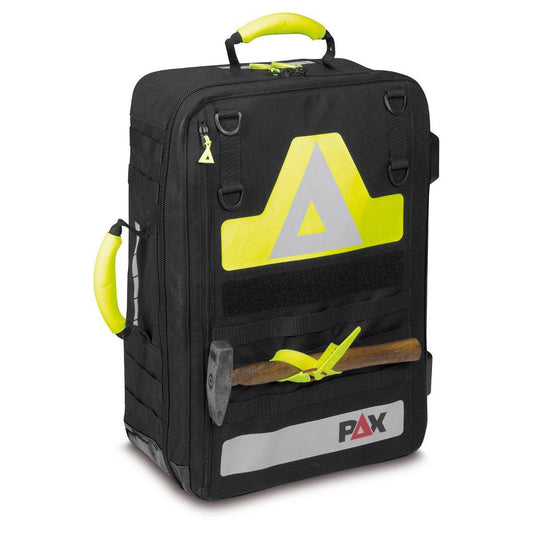 Materialrucksack PAX Universal mit MOLLE-System, reflektierenden Elementen und Werkzeughalterung, ideal für Rettungseinsätze.