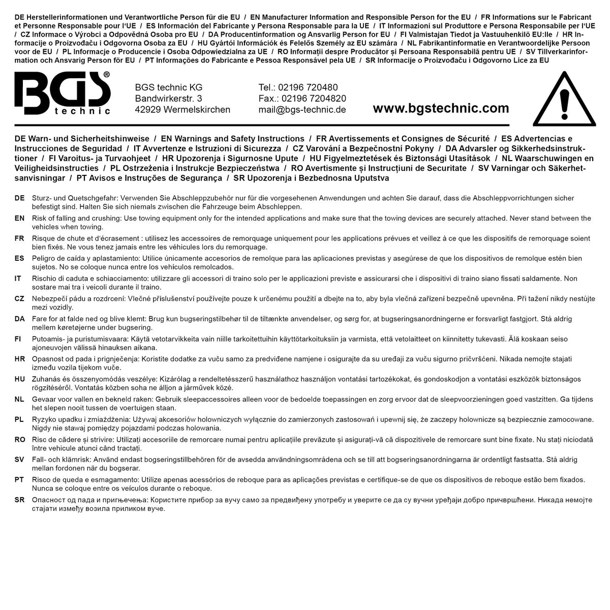 Herstellerinformationen der BGS Abschleppstange 2000 kg – 1,8 m, 3-teilig, verzinkt, mit Sicherheitshinweisen in mehreren Sprachen.