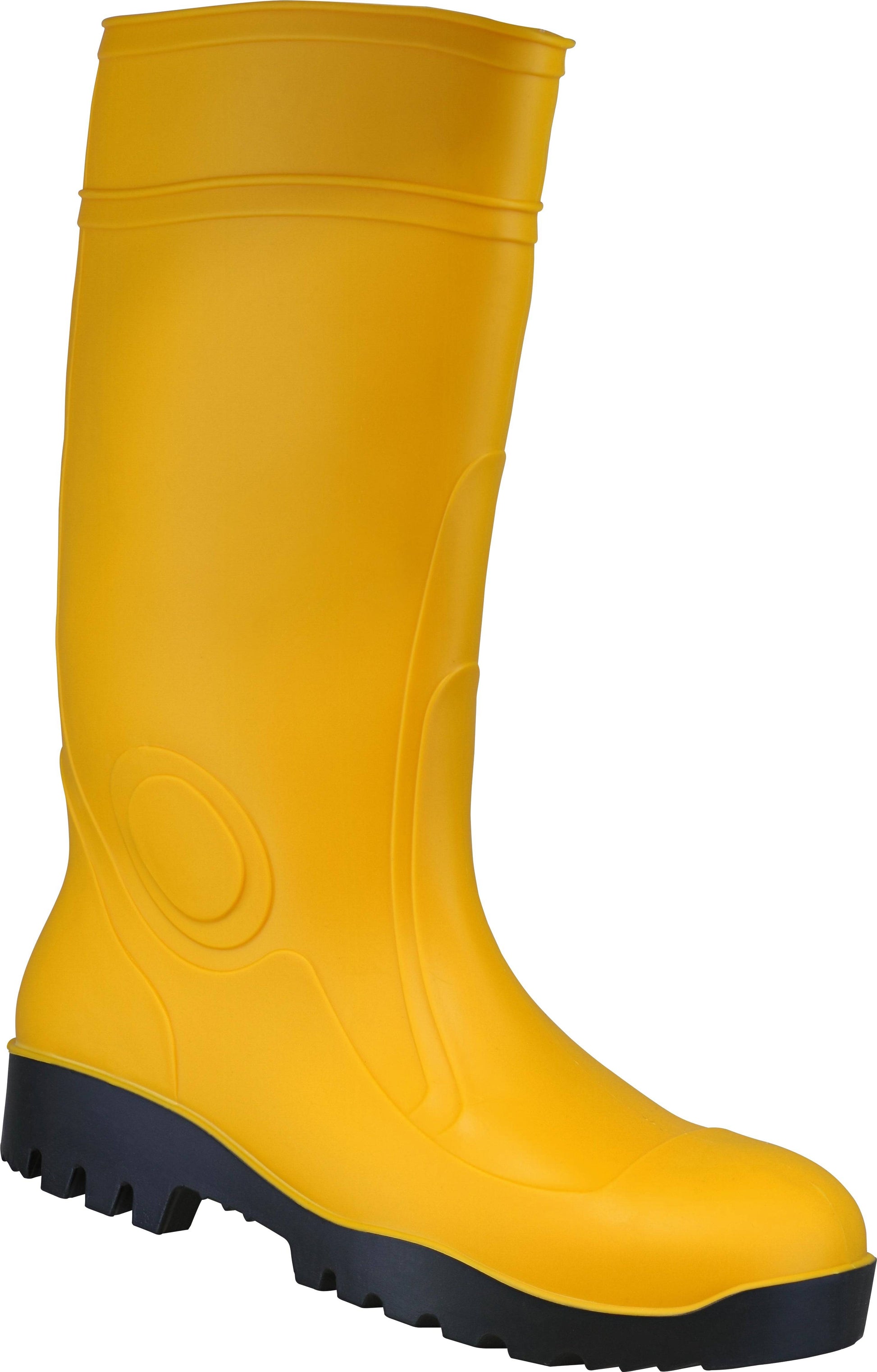Gelber Gummistiefel S5 BOB mit robuster Stahlzwischensohle und Zehenschutz, geeignet für Arbeitsschutz im Baugewerbe und Industrieeinsatz.