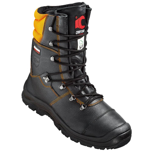 ROBINIE Forst-Schnürstiefel CRAFTLAND® aus geprägtem Vollleder mit gepolstertem Kragen und robuster Sohle für sicheres Arbeiten im Wald.