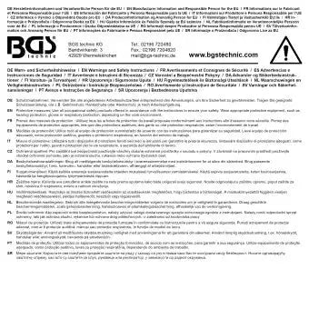 Rückseite der Verpackung des Kapsel-Gehörschutz BGS mit mehrsprachigen Sicherheitshinweisen und Herstellerinformationen.