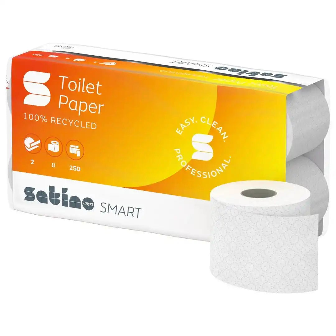 Satino Smart Toilettenpapier 2-lagig, 250 Blatt pro Rolle, weiß – nachhaltige Lösung für Sanitärbereiche mit Recyclingmaterial.