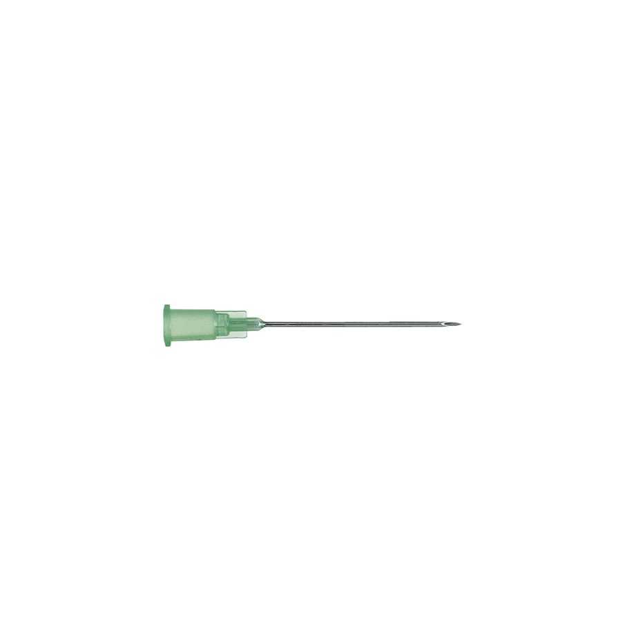 Sterican Kanüle 21G x 1'' grün mit Langschliff aus Stahl, silikonbeschichtet und farbcodiert für präzise Injektionen im medizinischen Bereich.