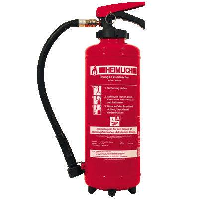 Übungslöscher Heimlich 6 L oder 9 L mit rotem Druckbehälter und schwarzem Schlauch für Feuerlöscher Ausbildung im Bereich Brandschutztraining.