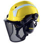 Gelber uvex pheos forestry Schutzhelm mit Visier und Gehörschutz, speziell für Wald- und Forstarbeit entwickelt, hoher Tragekomfort.