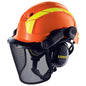uvex pheos forestry Schutzhelm in Orange mit integriertem Gesichtsschutz und Gehörschutz, perfekt für sichere Forstarbeiten im Wald.