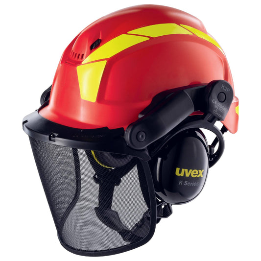 uvex pheos forestry Schutzhelm in Rot mit Visier und Gehörschutz, ideal für Wald- und Forstarbeit, optimaler Kopfschutz im Forstbereich.