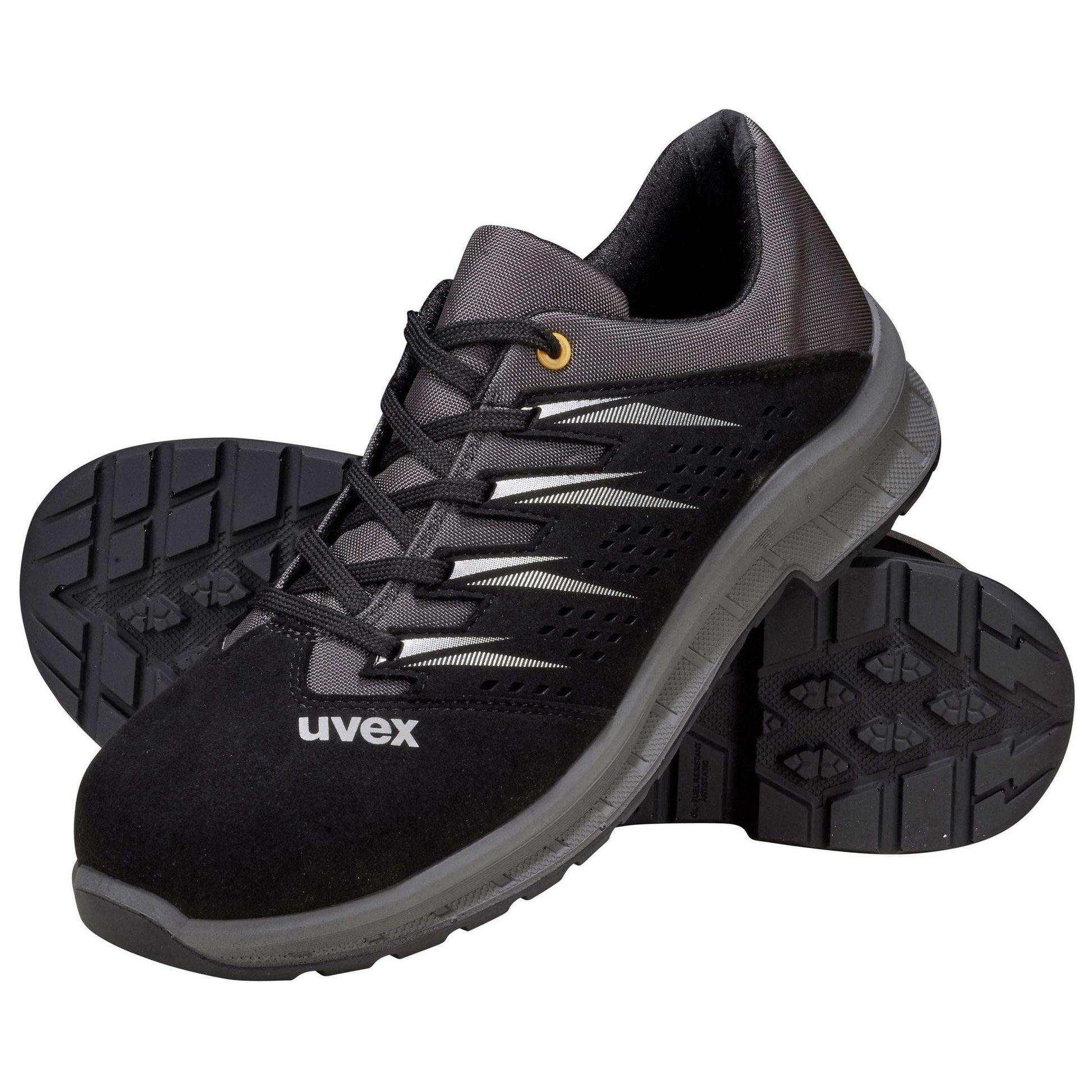 Uvex 2 Trend S3 Halbschuh in Grau mit rutschhemmender Sohle und sportlichem Design – ideal für Arbeitsschutz im industriellen Bereich.