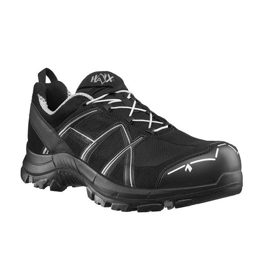 Black Eagle HAIX Sicherheitsschuhe 41.1 low in Schwarz-Silber mit atmungsaktivem Mesh und rutschfester Sohle für Industrie und Handwerk.