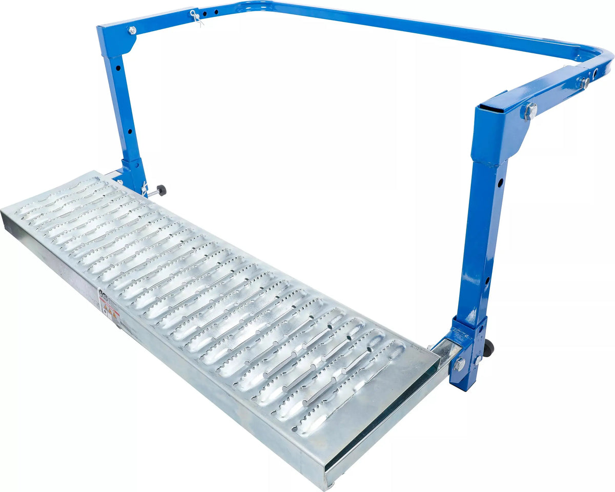 Reifen-Klapptritt einstellbar für 4x4 Fahrzeuge und LKW mit breiter Trittfläche und verstellbarem Rahmen. Ideal für Wartungsarbeiten am Fahrzeug.