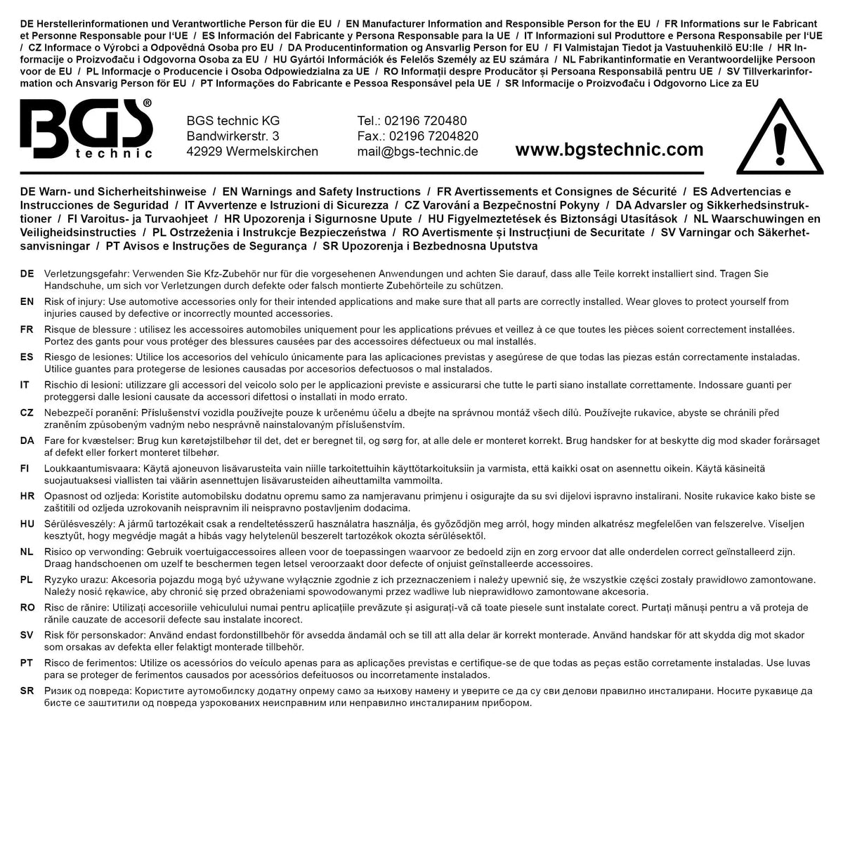 Produktetikett und Herstellerinformationen für den Reifen-Klapptritt einstellbar Kleintransporter & LKW. Enthält Sicherheitshinweise und technische Daten.