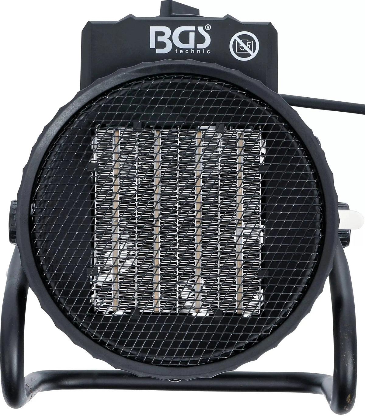 Frontansicht des Heizlüfters elektrisch 2 kW BGS mit Schutzgitter und keramischem Heizelement für schnelle Raumheizung.