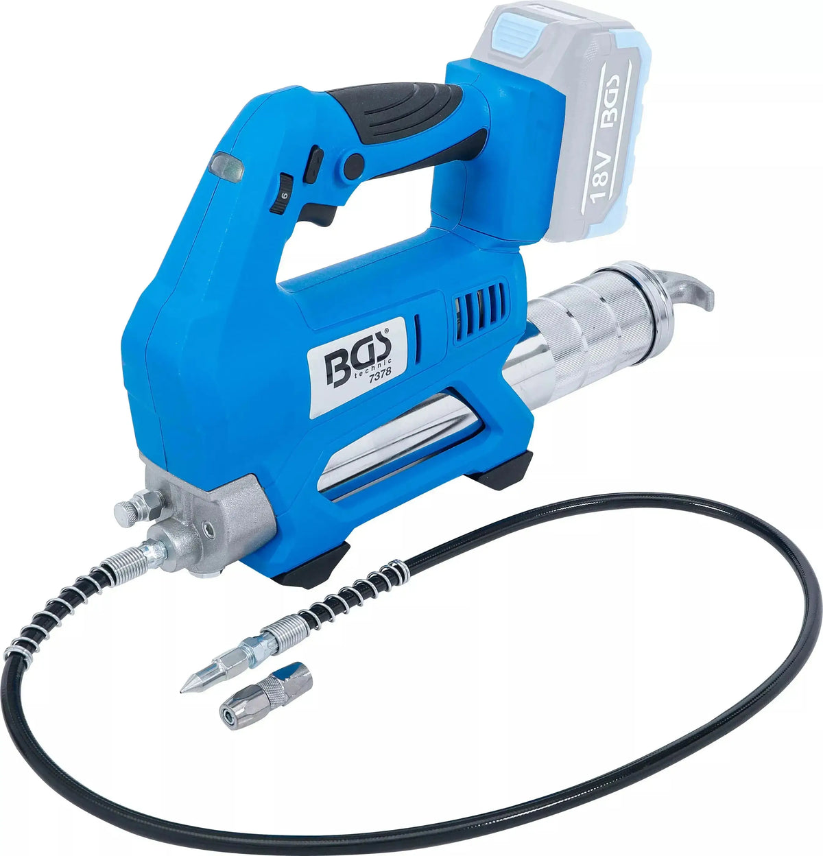Akku-Fettpresse BGS 18 V ohne Akku für präzises Abschmieren an Maschinen und Fahrzeugen, ideal für kabellose Wartungsarbeiten.