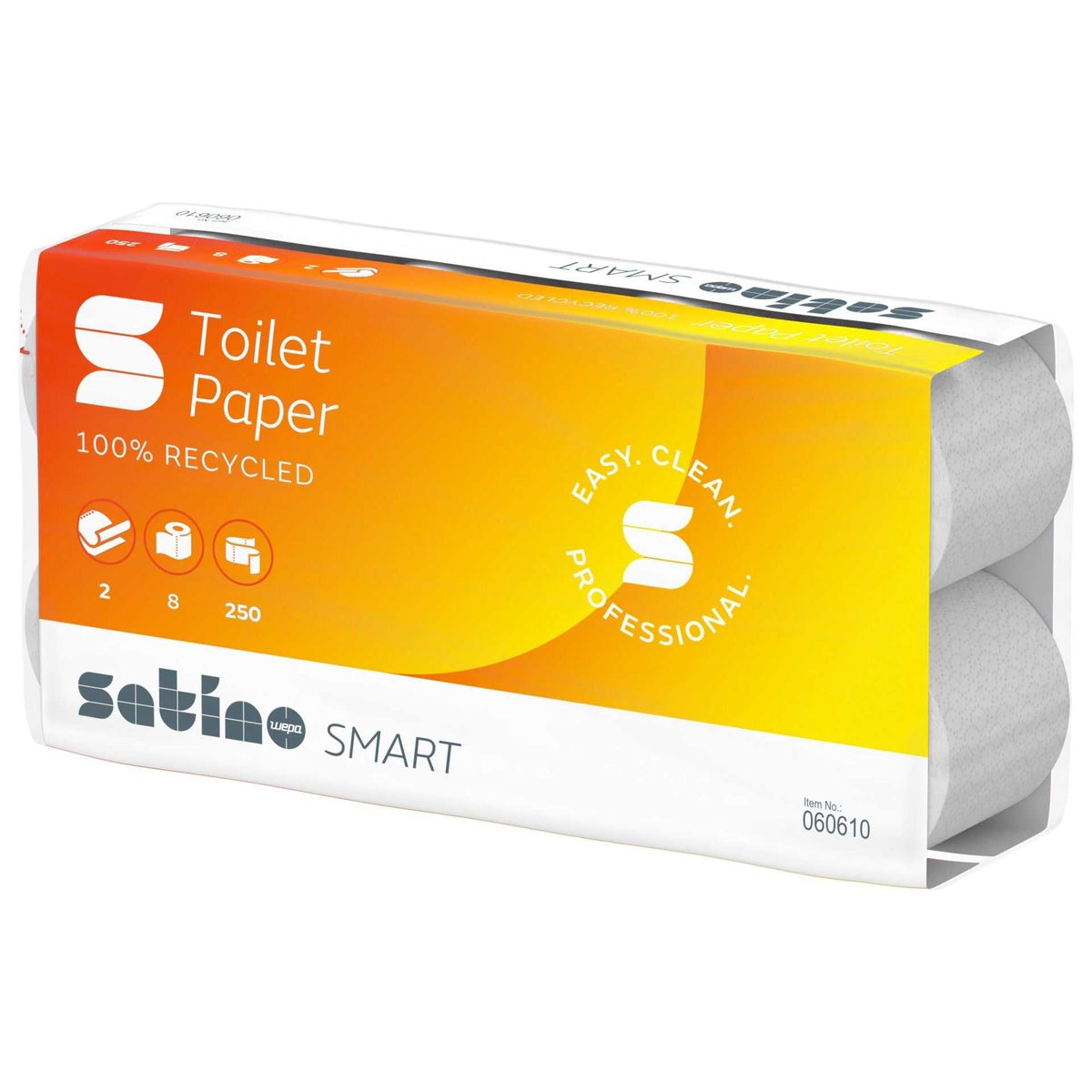 Toilettenpapier Satino Smart 250 Blatt, 2-lagig, weiß in Recycling-Verpackung – effizient & haltbar für professionelle Hygiene.