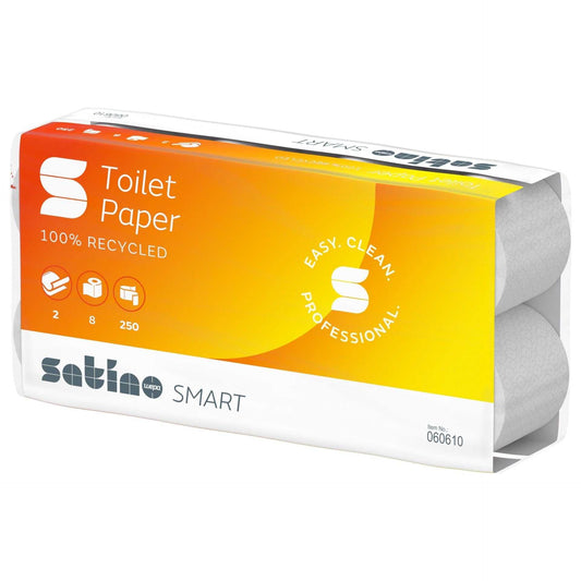 Toilettenpapier Satino Smart 250 Blatt, 2-lagig, weiß in Recycling-Verpackung – effizient & haltbar für professionelle Hygiene.