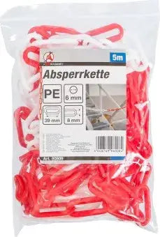 Verpackte Absperrkette Rot-Weiß Kunststoff 5 m mit Produktinformationen, geeignet für Absperrmaterial im Bereich Sicherheit und Crowd Control.