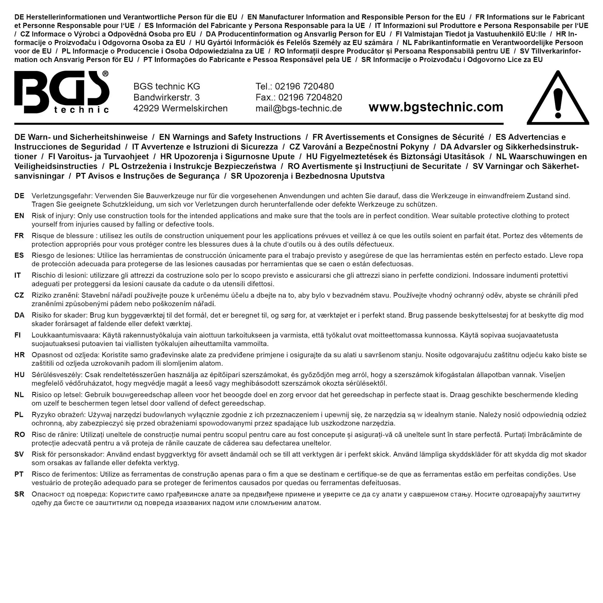 Rückseite der Verpackung der Absperrkette Rot-Weiß Kunststoff 5 m mit Herstellerangaben und Sicherheitshinweisen in mehreren Sprachen.