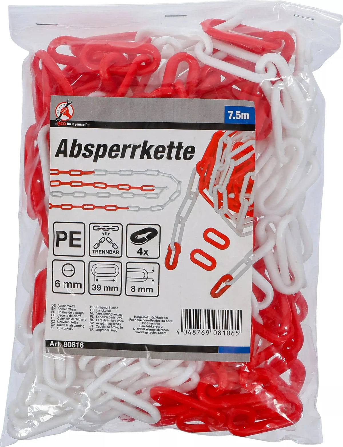 Verpackte Absperrkette rot / weiß mit 4 Karabinern aus Kunststoff, 7,5 m Länge, geeignet für Absperrmaterial im Outdoor- und Klettersport.