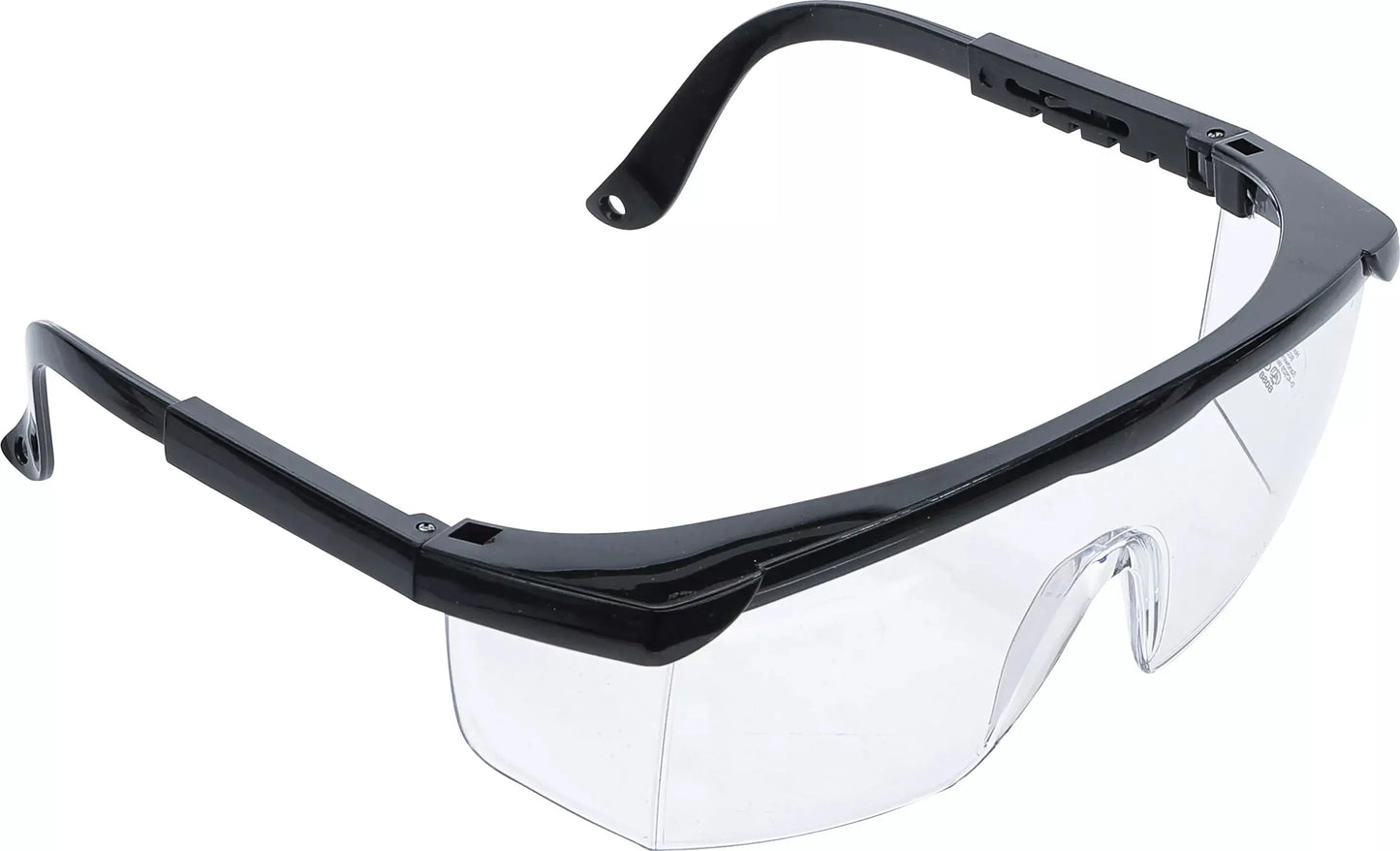 Schutzbrille mit verstellbarem Bügel transparent, robustes Design mit schwarzem Rahmen und klaren Gläsern für optimalen Schutz.