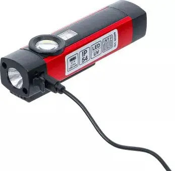 COB-LED / UV-Aluminium-Handleuchte 1 W mit angeschlossenem Ladekabel, zeigt USB-Ladeanschluss und LED-Anzeigen für den Ladezustand.
