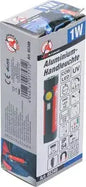 Verpackung der COB-LED / UV-Aluminium-Handleuchte 1 W mit technischen Details und Symbolen für IP54, LED, UV und Ladefunktion.