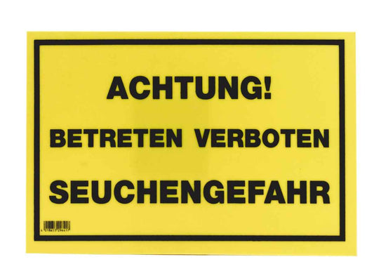 Warnschild mit gelbem Hintergrund, schwarze Warnhinweise, Betreten verboten, Seuchengefahr, Kunststoff, 30x20cm