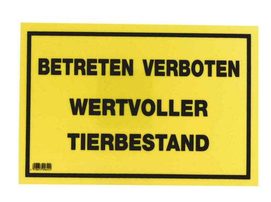 Warnschild mit gelbem Hintergrund, schwarze Warnhinweise, Betreten verboten, wertvoller Tierbestand, Kunststoff, 20x12cm
