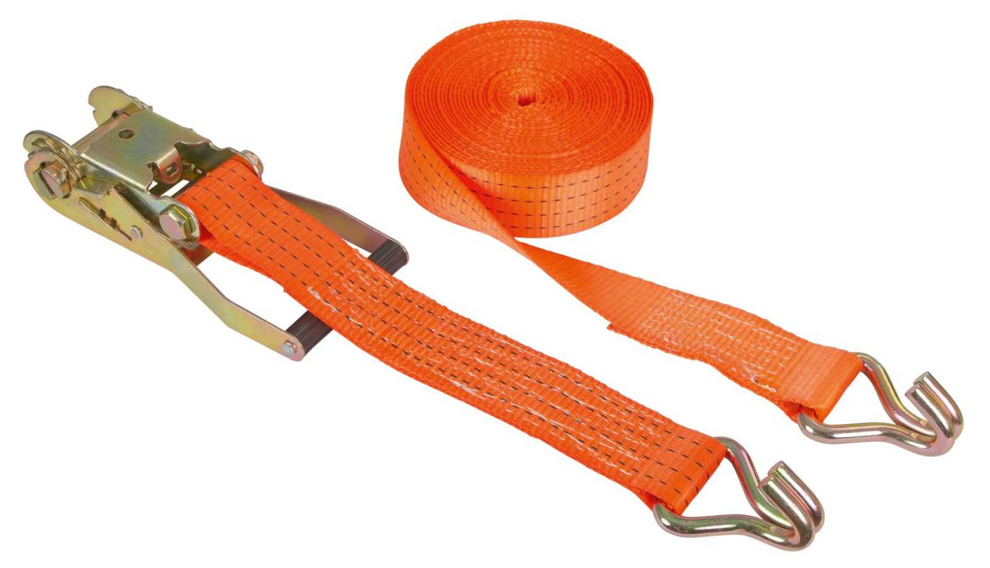 Ratschenzurrgurt mit Spitzhaken 2-teilig 2000 kg orange aus Polyester mit Metallratsche und Haken, ideal zur Ladungssicherung.