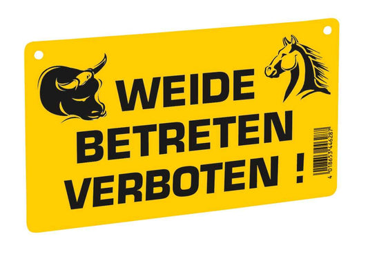 Warnschild mit gelbem Hintergrund, schwarze Warnhinweise, Weide betreten verboten, freilaufender Bulle, Kunststoff