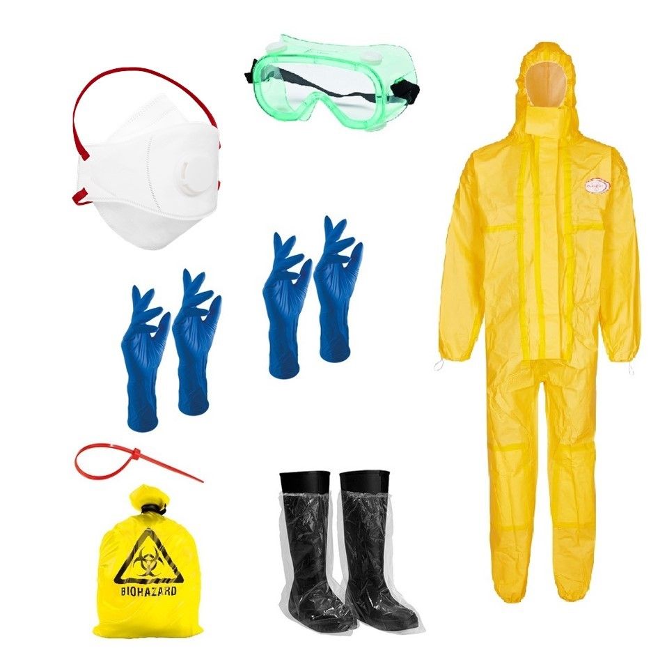 Schutzset PLUS DACH für Vogelgrippe mit FFP3-Maske, Schutzanzug, Handschuhen, Schutzbrille, Überschuhen und Biohazard-Beutel. Ideal für Virenschutz.