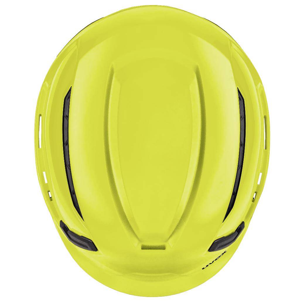 Draufsicht auf den uvex pronamic alpine E Mips® Schutzhelm hi-viz Gelb mit aerodynamischem Design und integrierten Lüftungsschlitzen für Arbeitssicherheit.