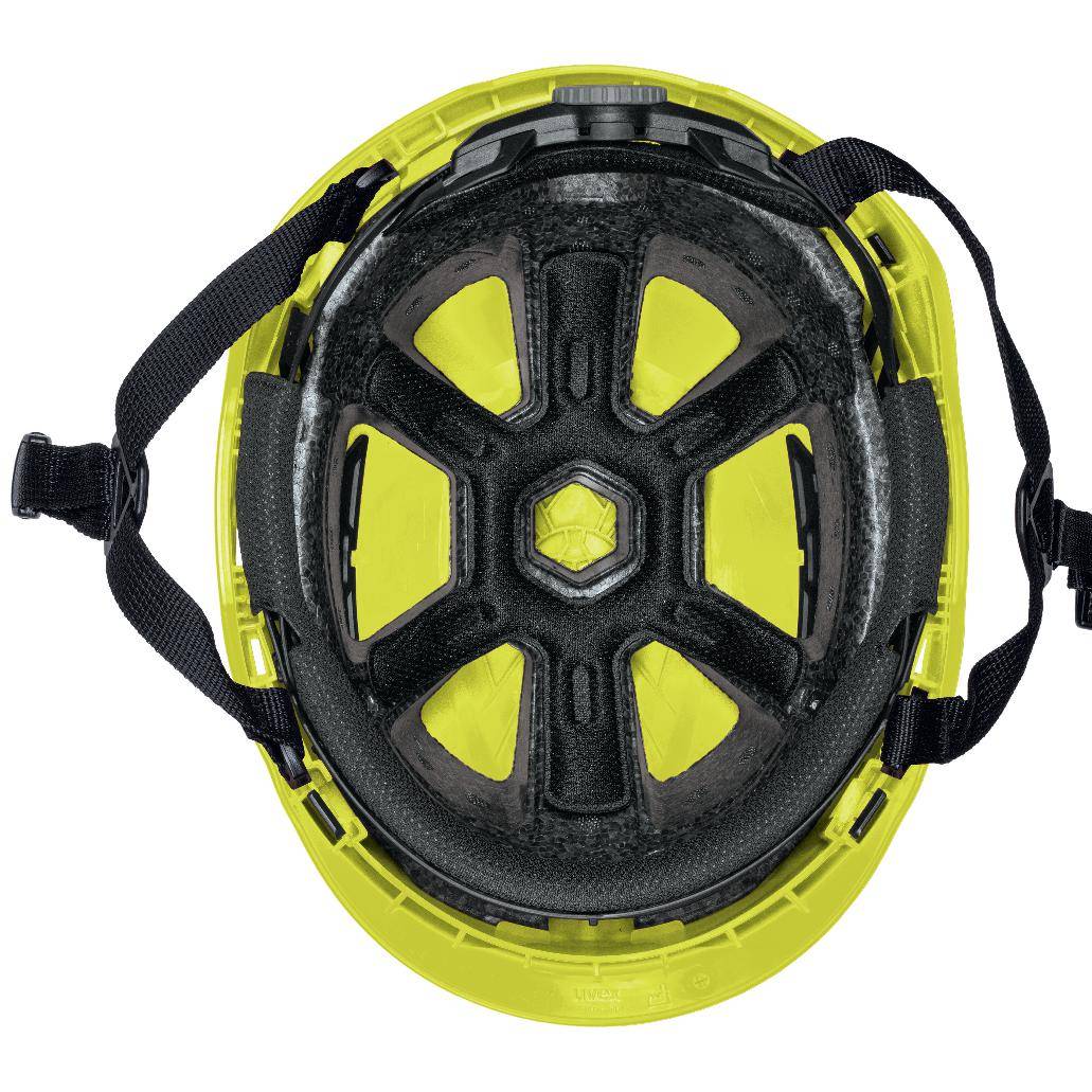 Innenansicht des uvex pronamic alpine E Mips® Schutzhelms hi-viz Gelb mit Polsterung und Belüftungselementen für hohen Tragekomfort im Arbeitsumfeld.