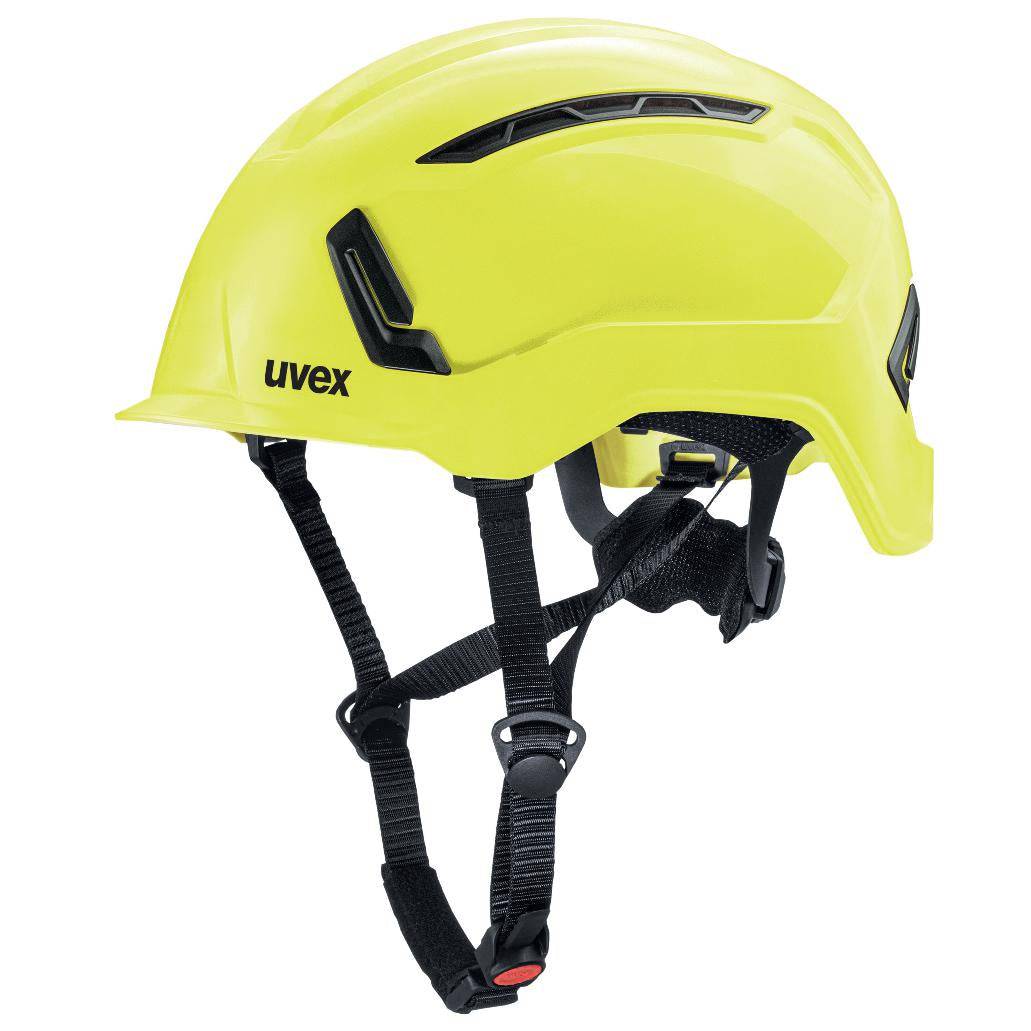 uvex pronamic alpine E Mips® Schutzhelm hi-viz in Gelb mit Gabelkinnriemen und integrierter Belüftung für optimalen Arbeitsschutz im Industriebereich.